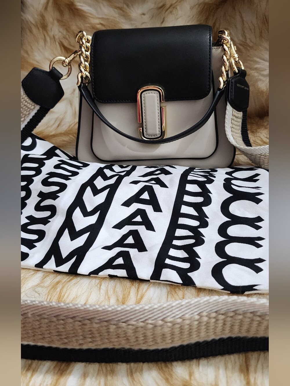 Marc Jacobs Black and Cream Crossbody with Gold Chain Trim